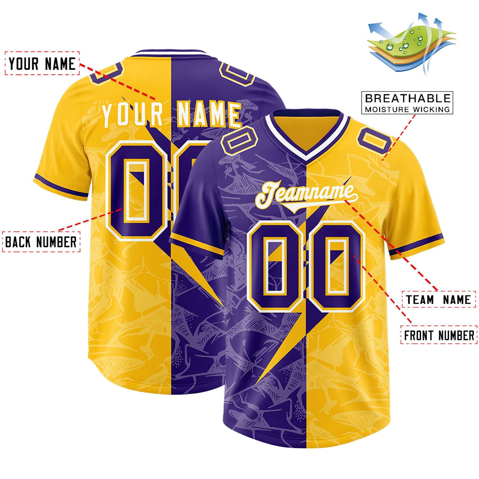 Custom Yellow Purple Split Personalized Lightning Pattern Football Jersey