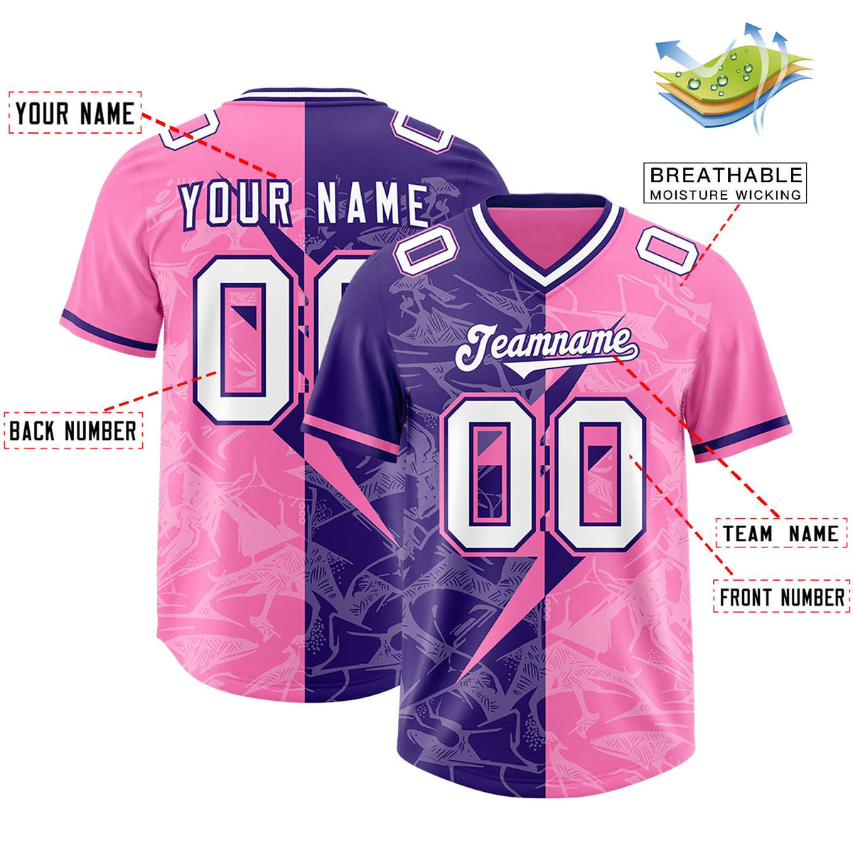 Custom Pink Purple Split Personalized Lightning Pattern Football Jersey