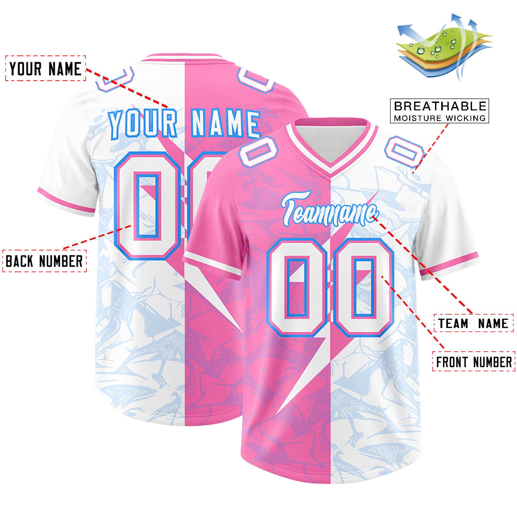Custom White Pink Split Personalized Lightning Pattern Football Jersey