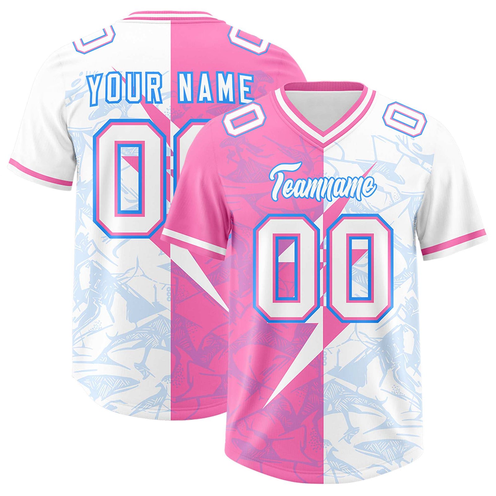 Custom White Pink Split Personalized Lightning Pattern Football Jersey