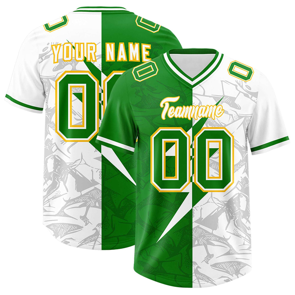 Custom Kelly Green White Split Personalized Lightning Pattern Football Jersey