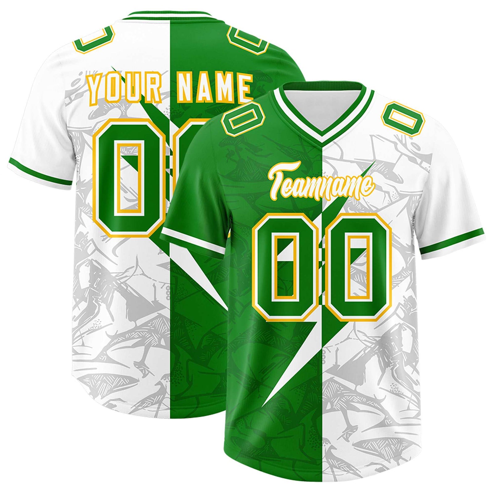 Custom Kelly Green White Split Personalized Lightning Pattern Football Jersey