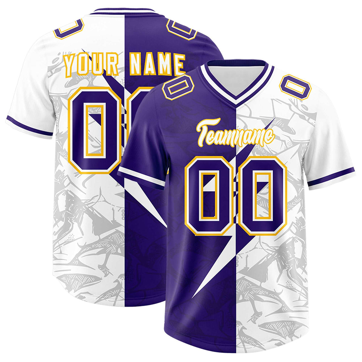 Custom Purple White Split Personalized Lightning Pattern Football Jersey