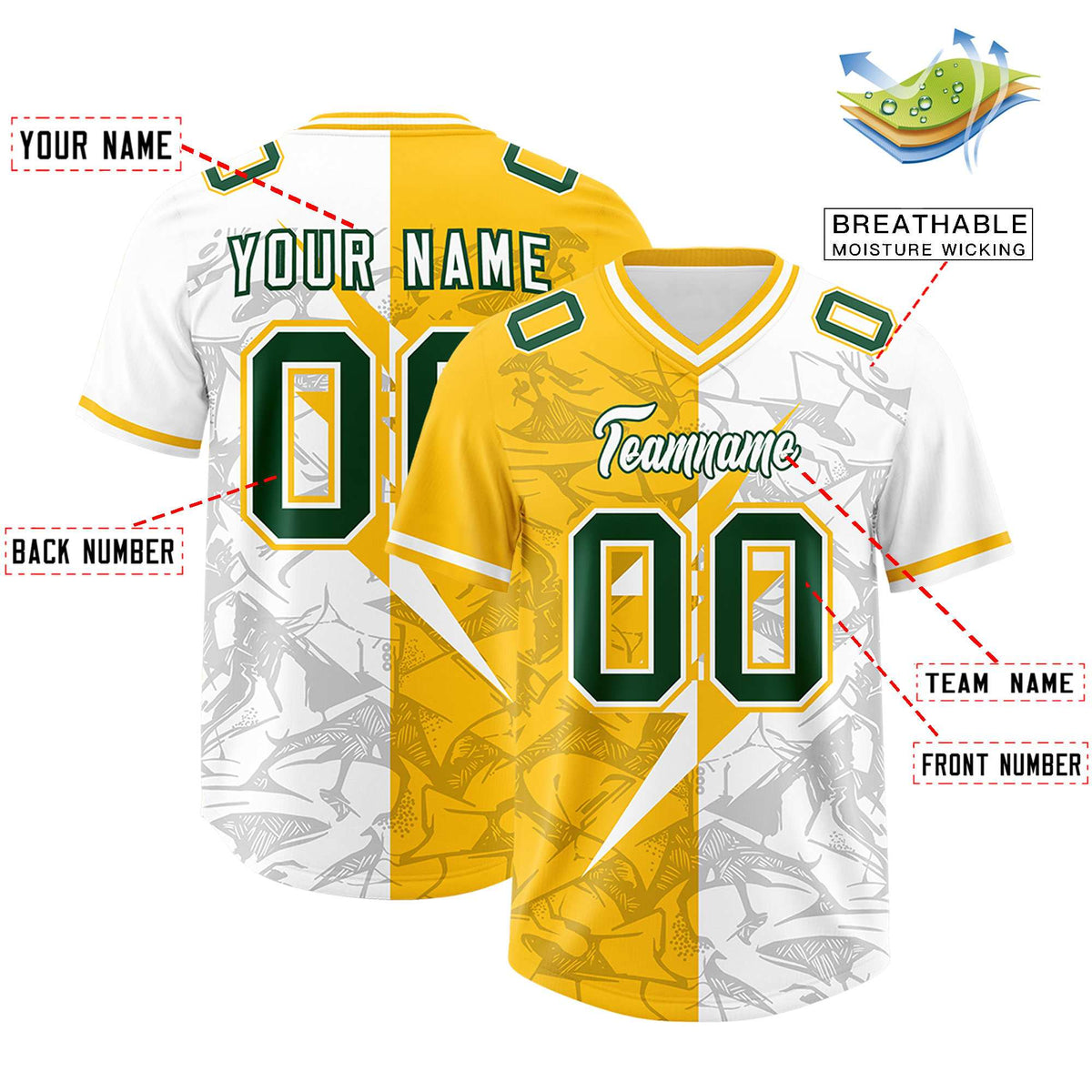 Custom Yellow White Split Personalized Lightning Pattern Football Jersey
