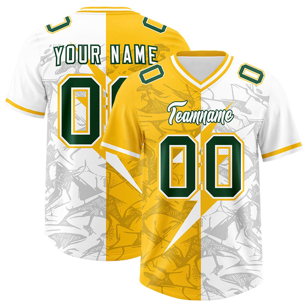 Custom Yellow White Split Personalized Lightning Pattern Football Jersey