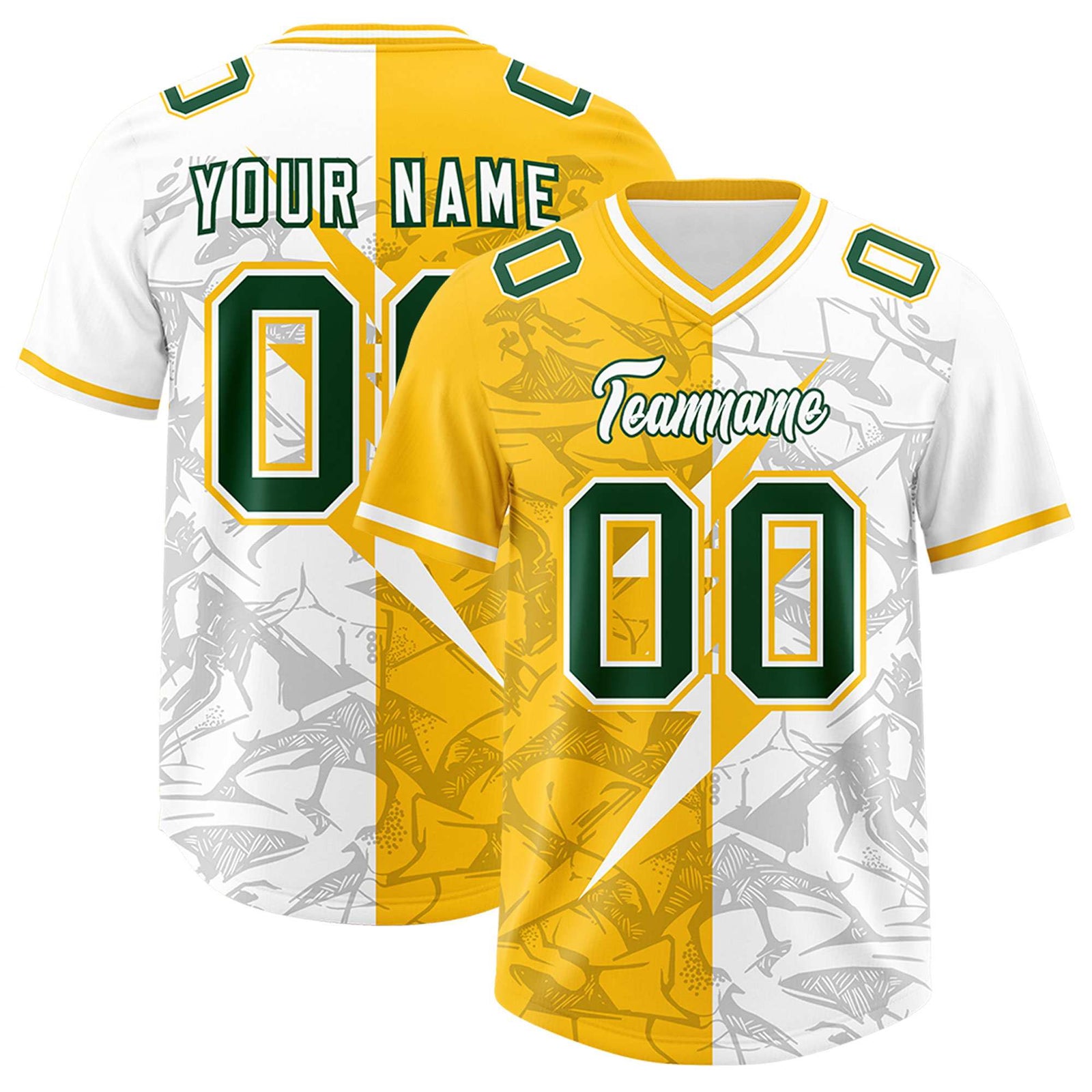 Custom Yellow White Split Personalized Lightning Pattern Football Jersey