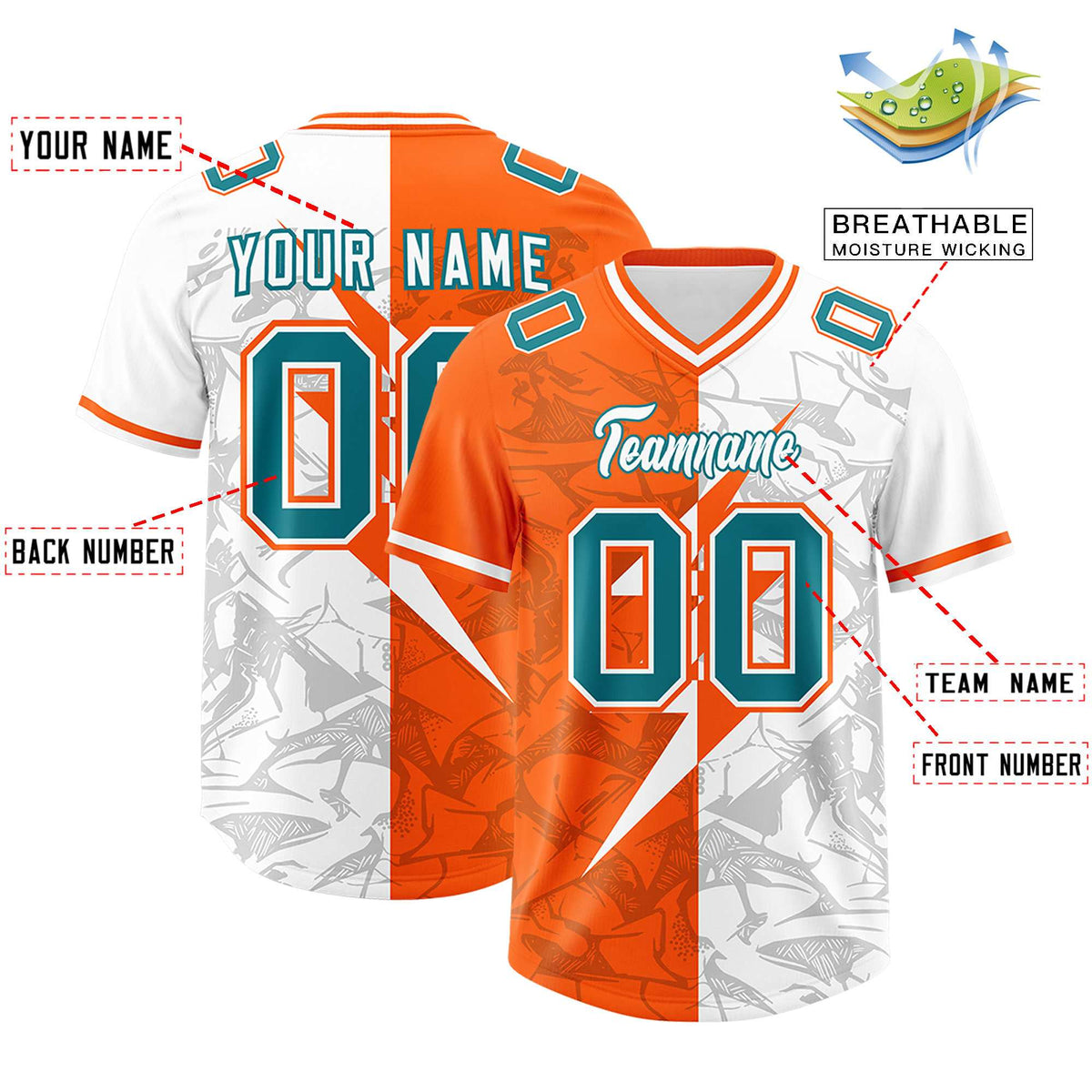 Custom Orange White Split Personalized Lightning Pattern Football Jersey