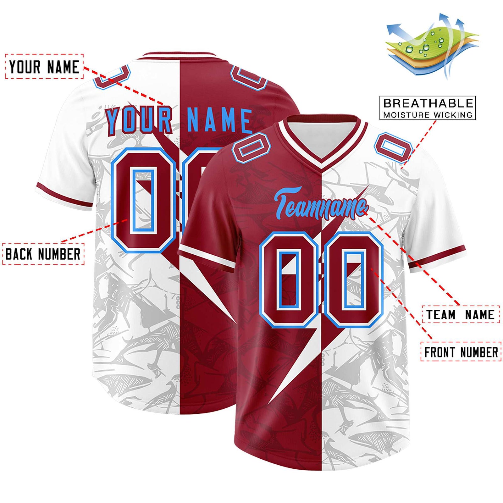 Custom Cardinal White Split Personalized Lightning Pattern Football Jersey