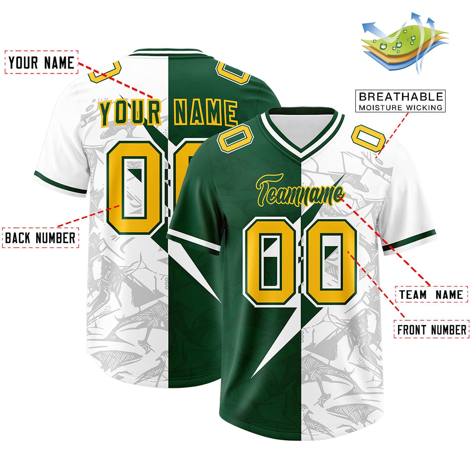 Custom Green White Split Personalized Lightning Pattern Football Jersey