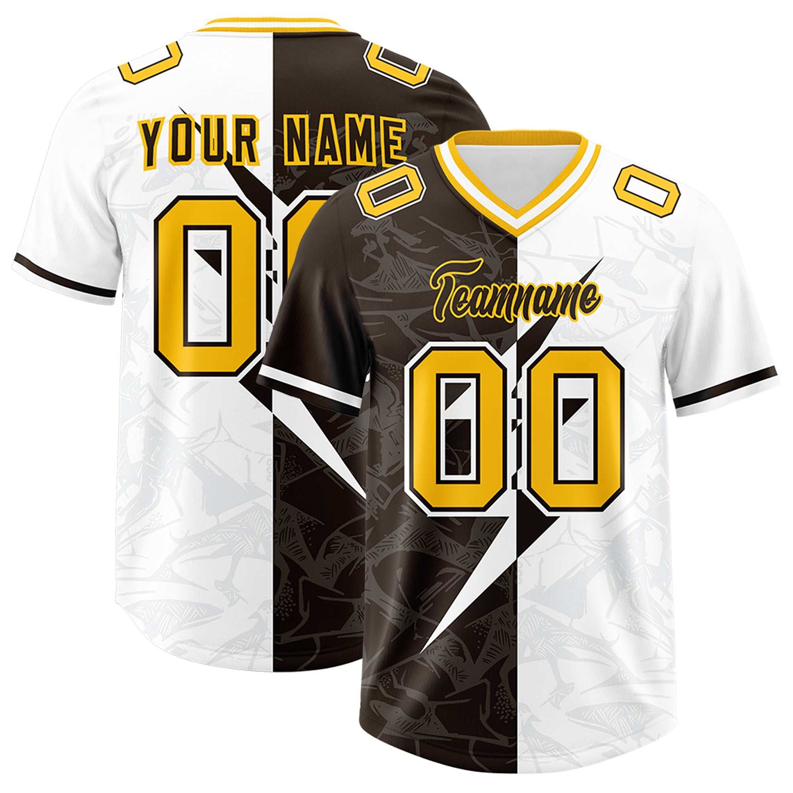Custom Brown White Split Personalized Lightning Pattern Football Jersey