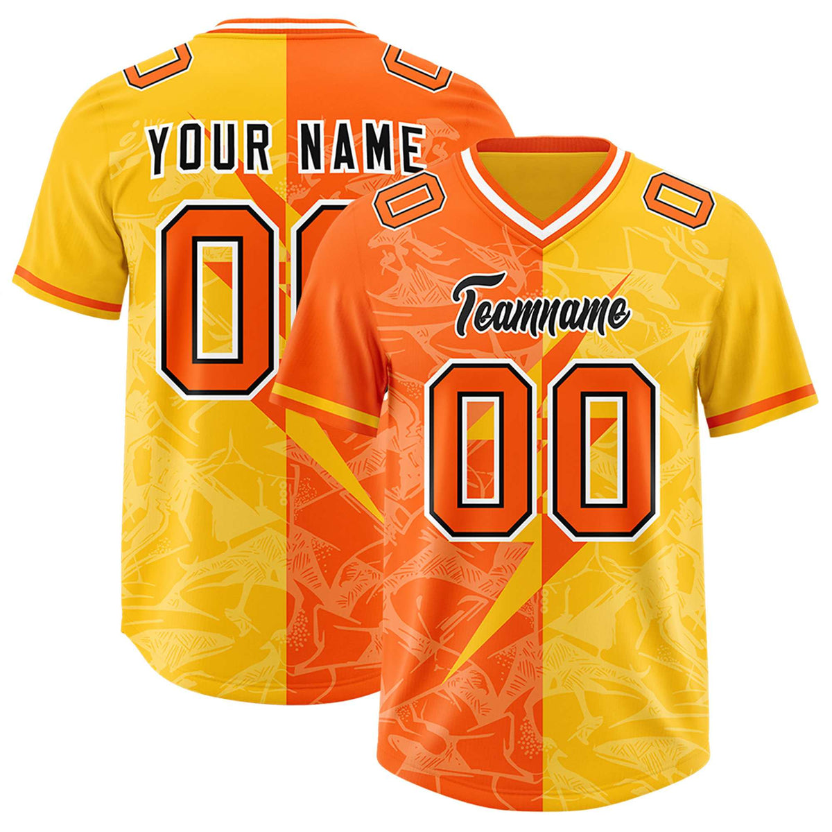 Custom Orange Yellow Split Personalized Lightning Pattern Football Jersey