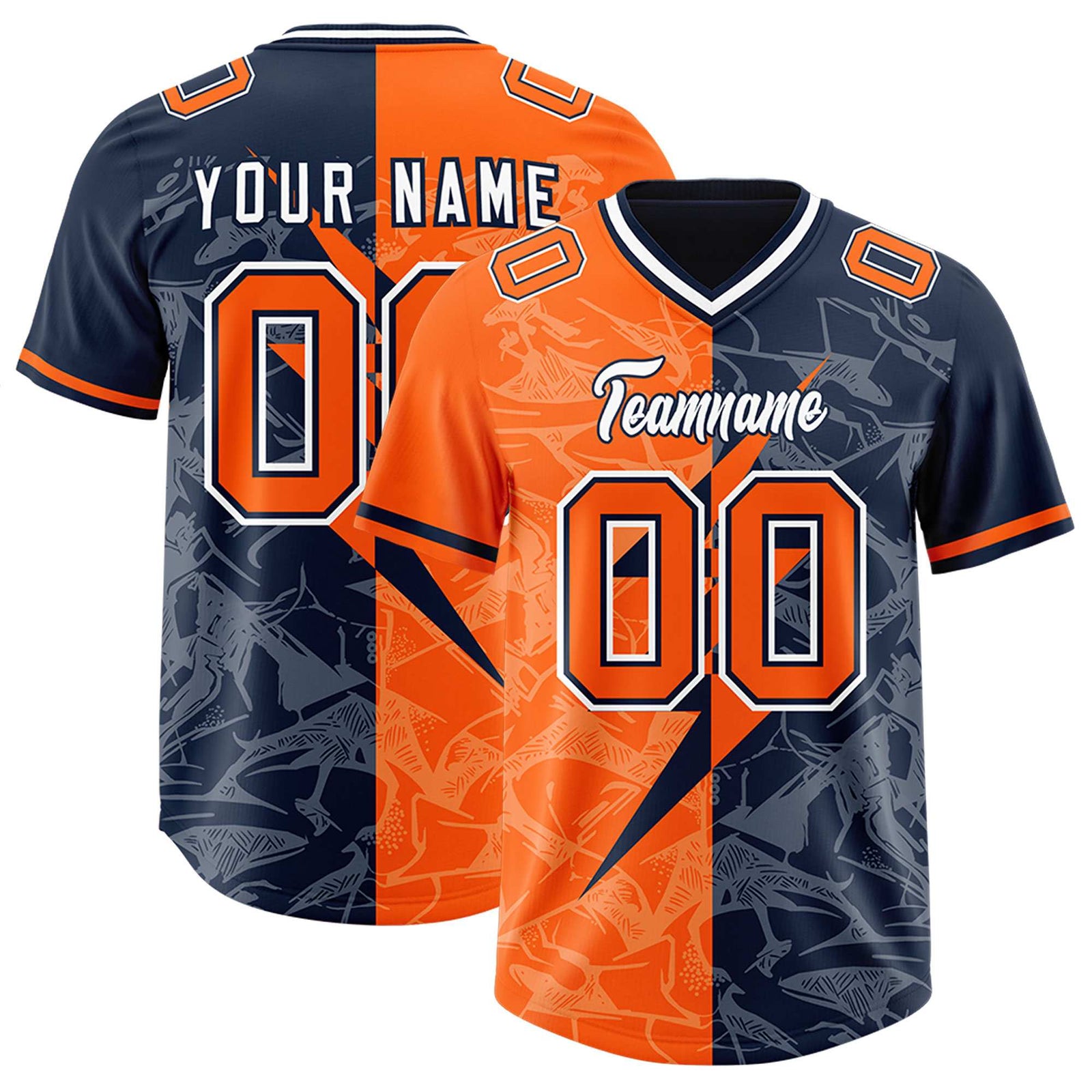 Custom Orange Navy Split Personalized Lightning Pattern Football Jersey