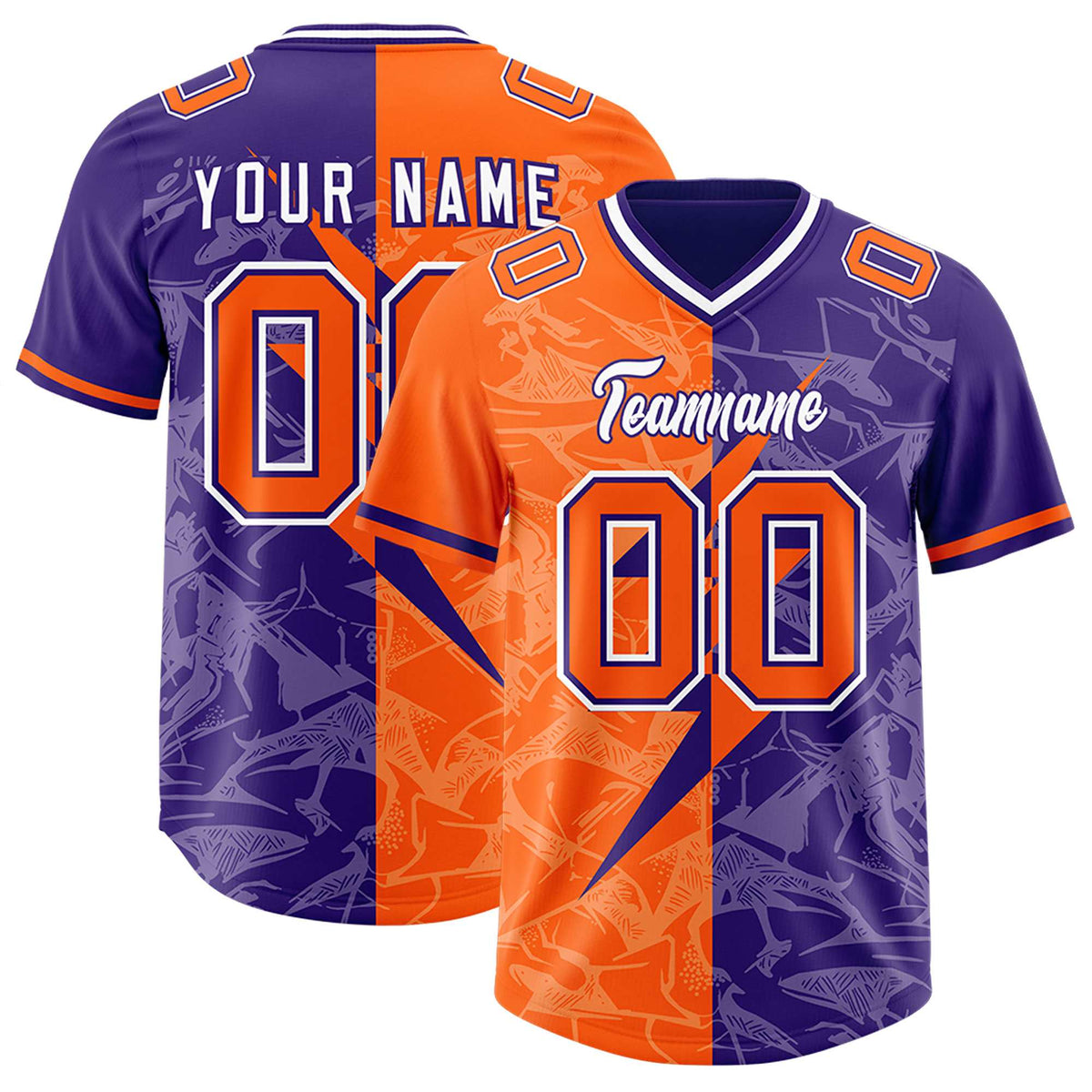 Custom Orange Purple Split Personalized Lightning Pattern Football Jersey