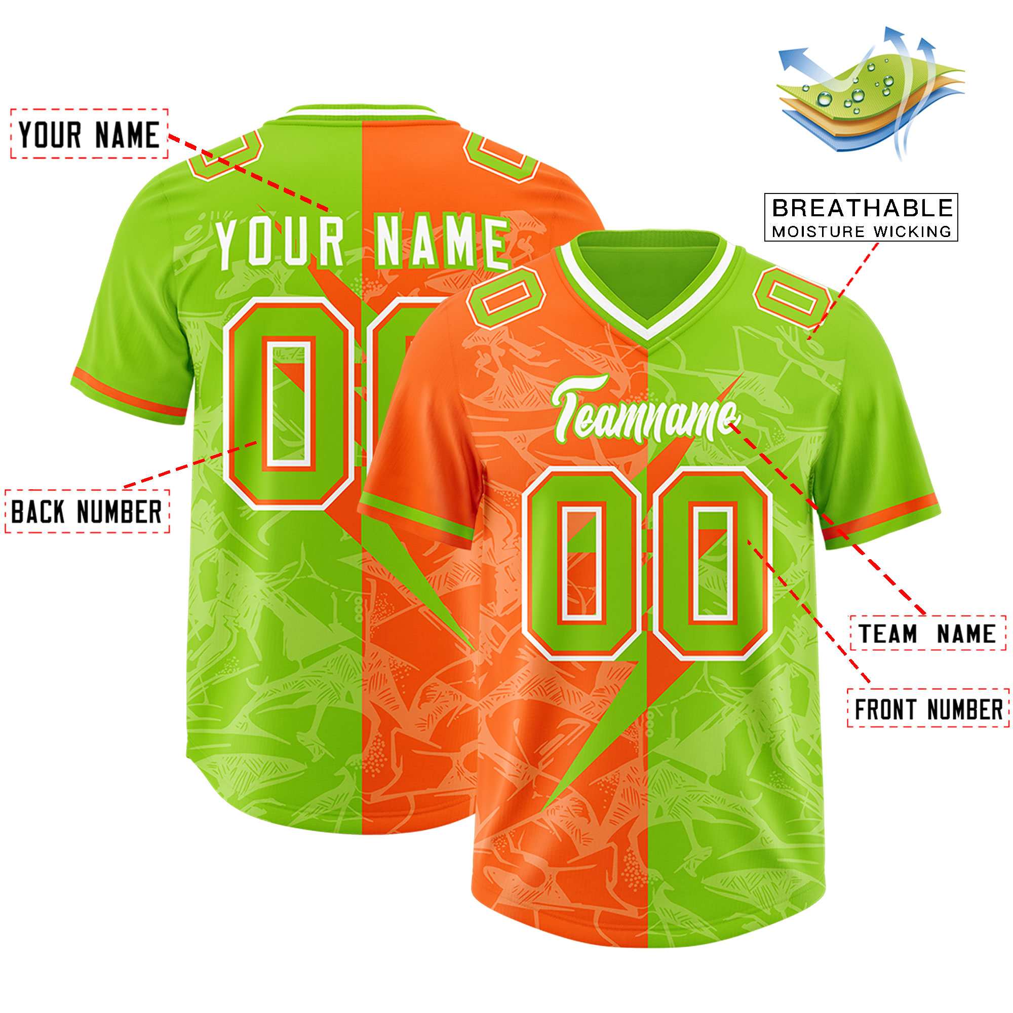 Custom Neon Green Orange Split Personalized Lightning Pattern Football Jersey
