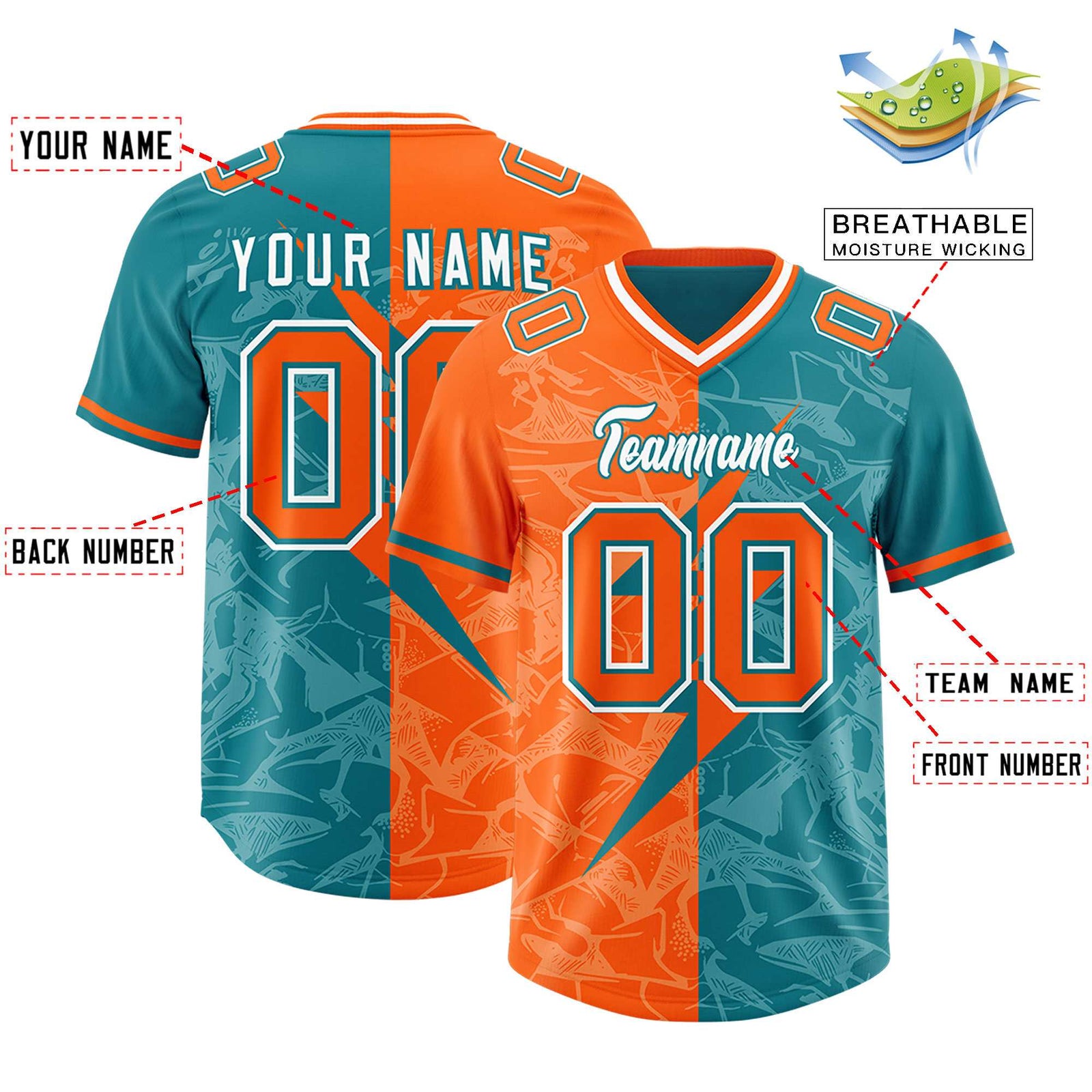 Custom Aqua Orange Split Personalized Lightning Pattern Football Jersey
