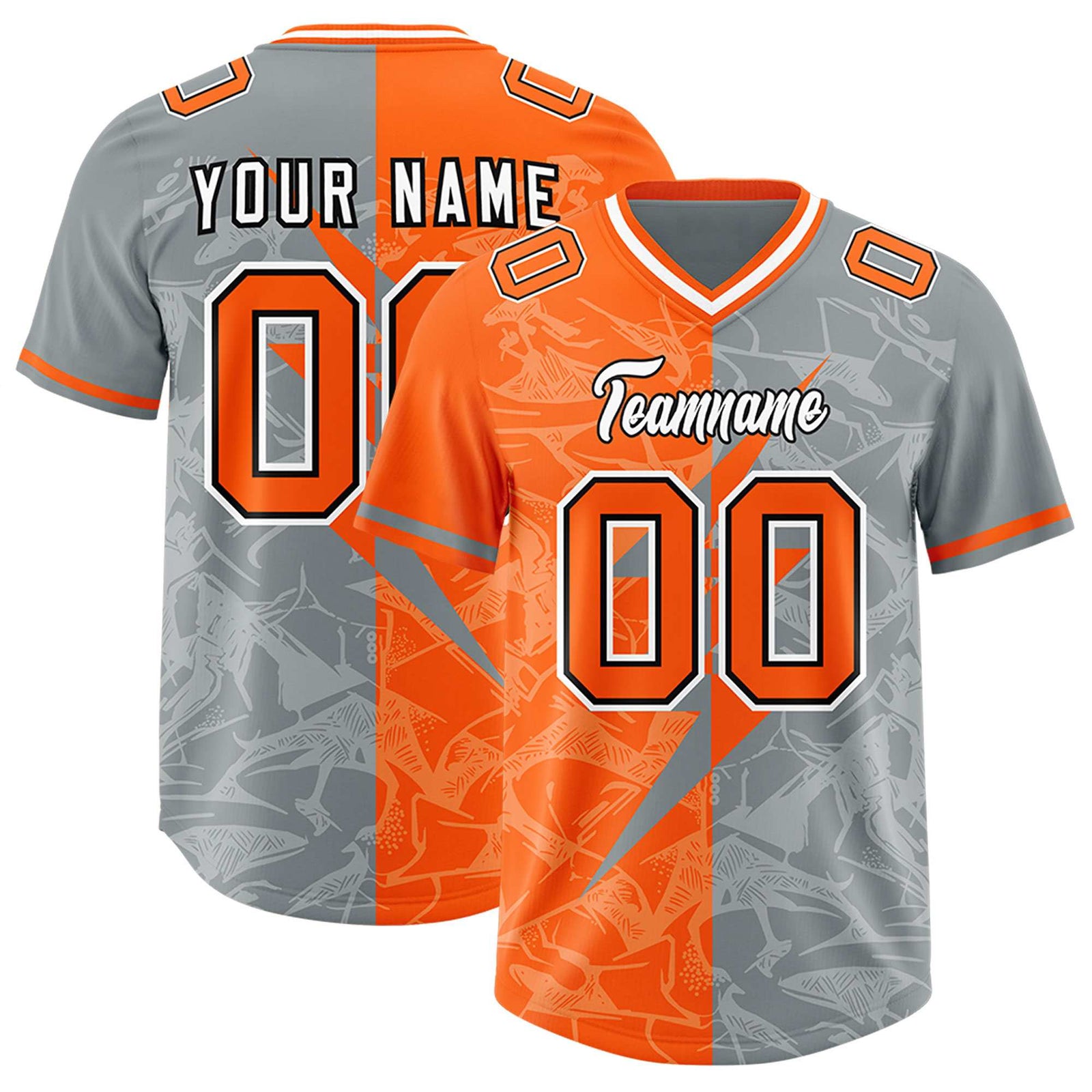 Custom Grey Orange Split Personalized Lightning Pattern Football Jersey