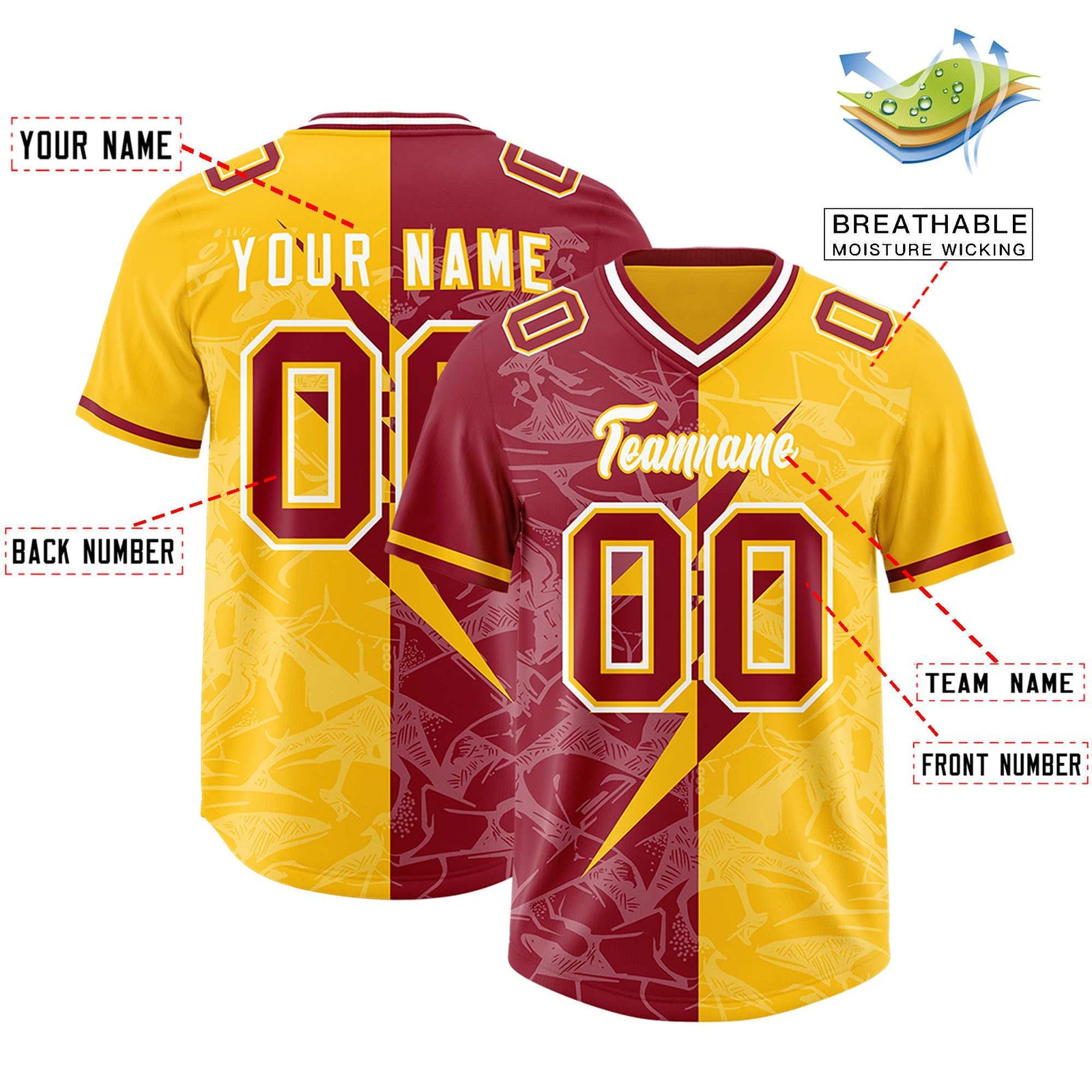 Custom Yellow Cardinal Split Personalized Lightning Pattern Football Jersey