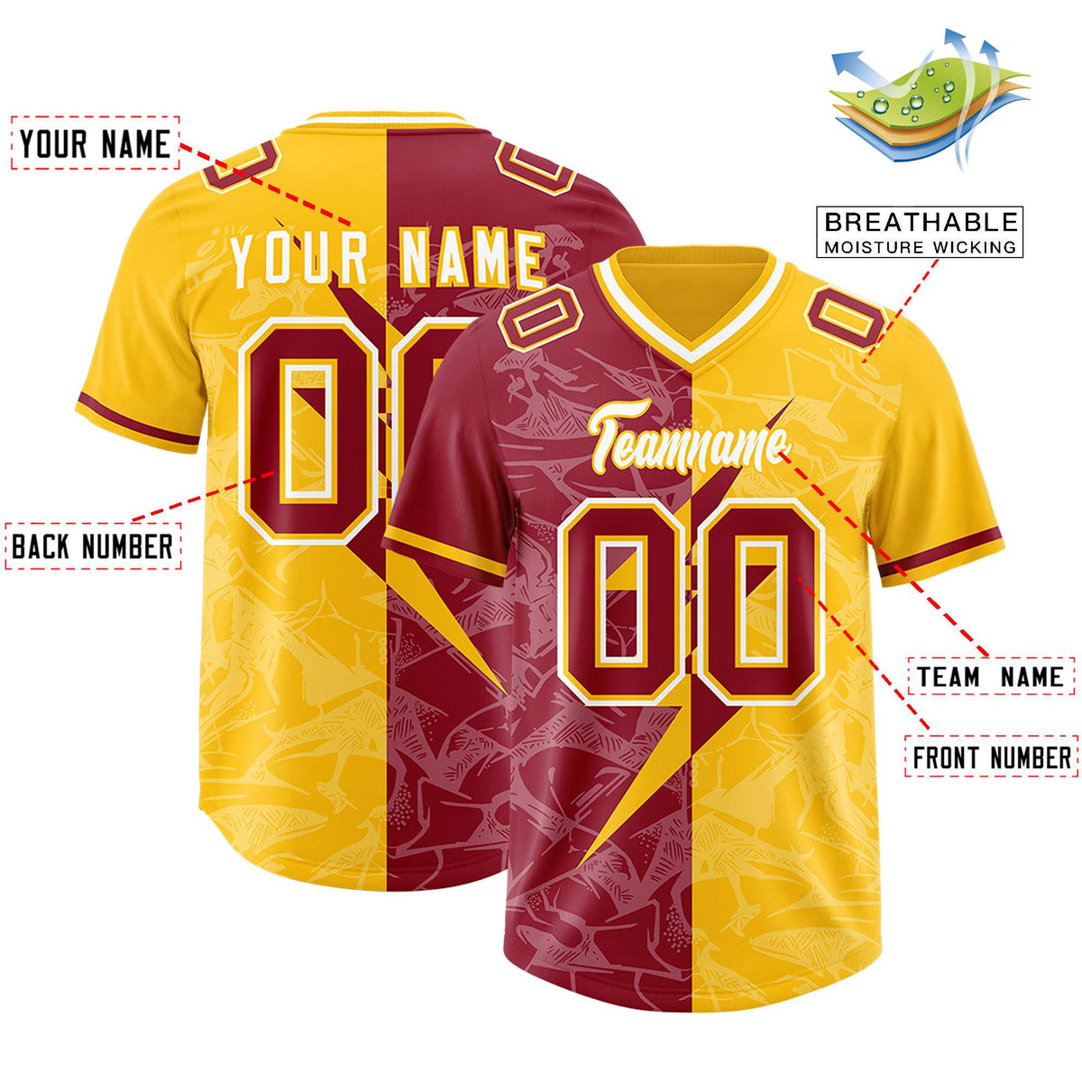 Custom Yellow Cardinal Split Personalized Lightning Pattern Football Jersey