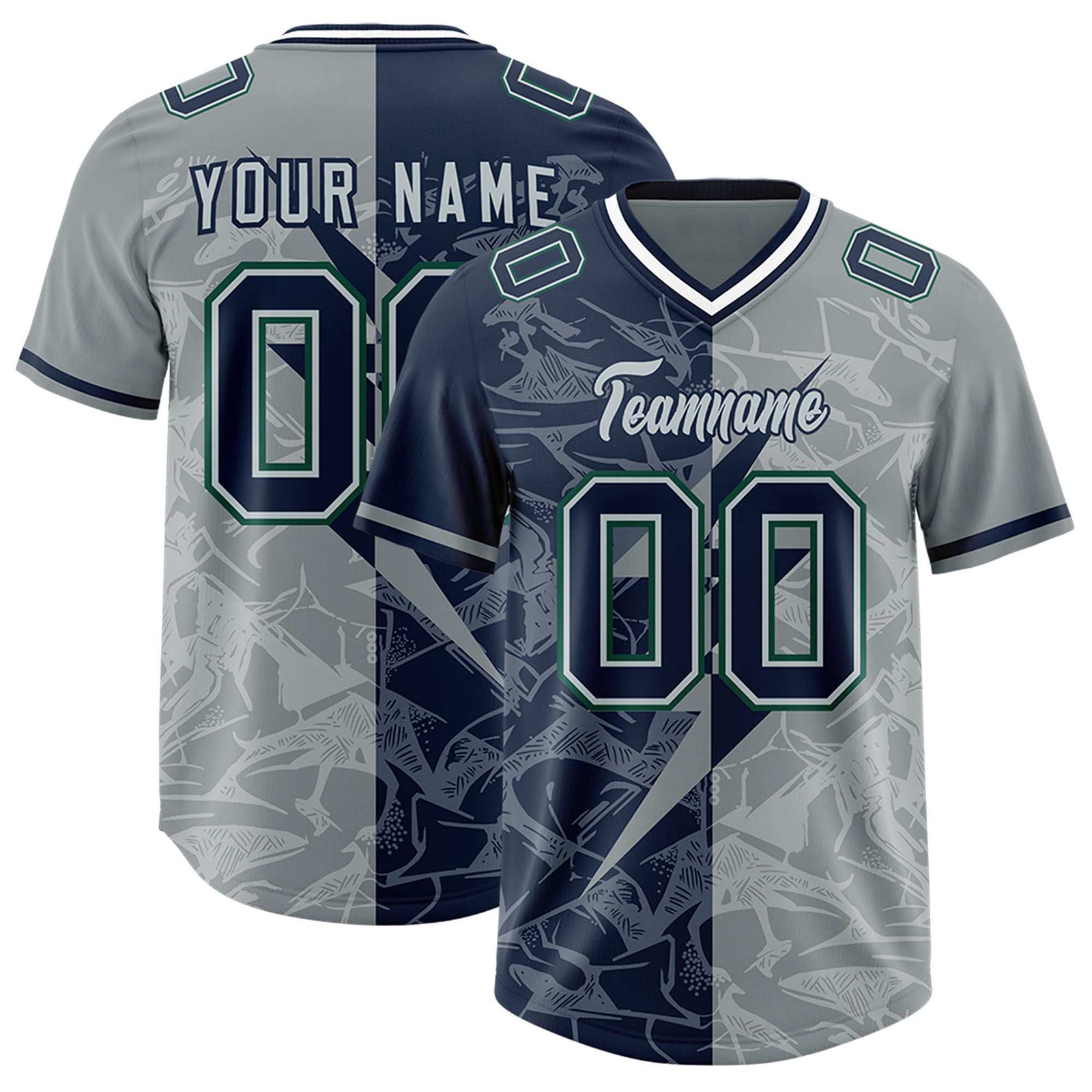 Custom Navy Gray Split Personalized Lightning Pattern Football Jersey