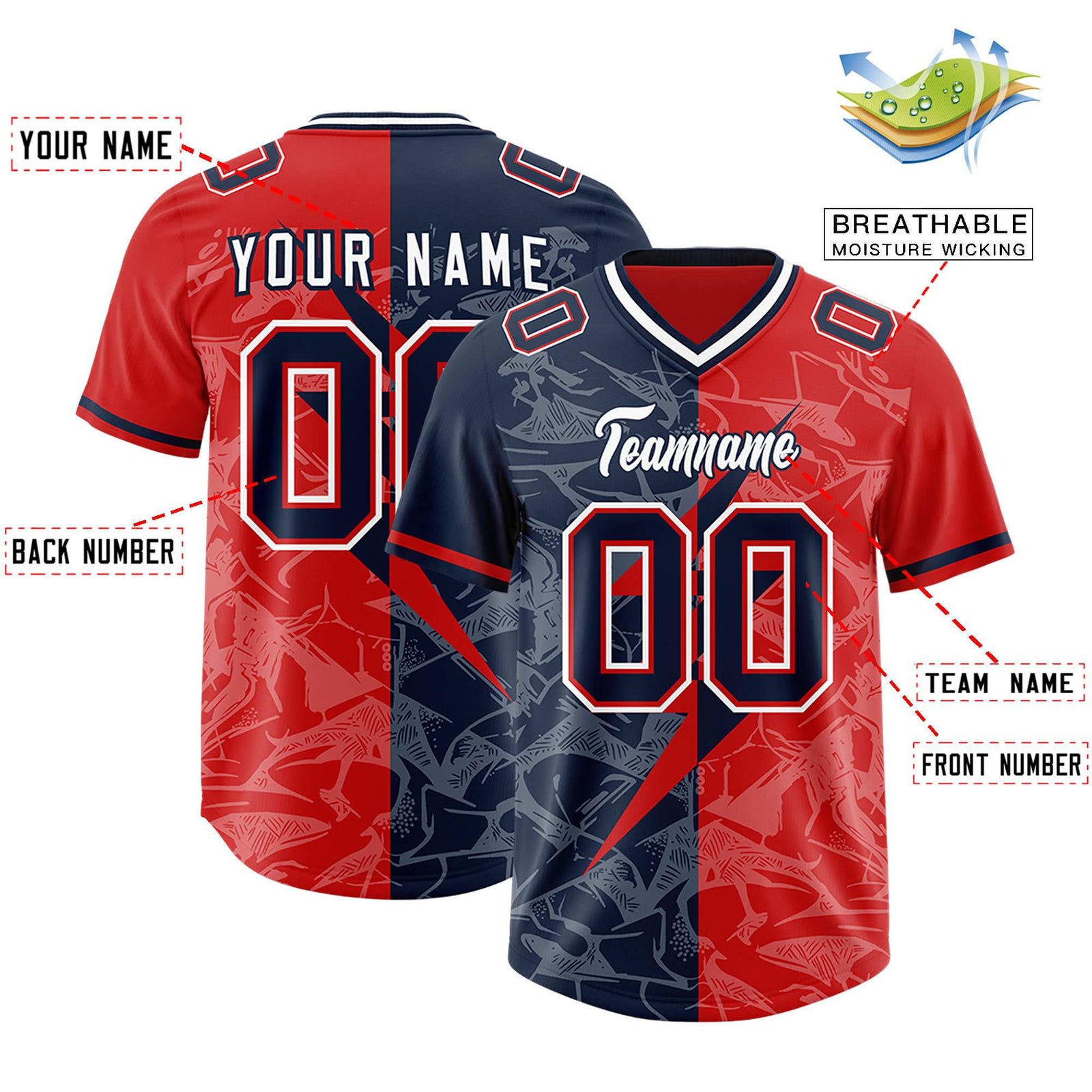 Custom Red Navy Split Personalized Lightning Pattern Football Jersey