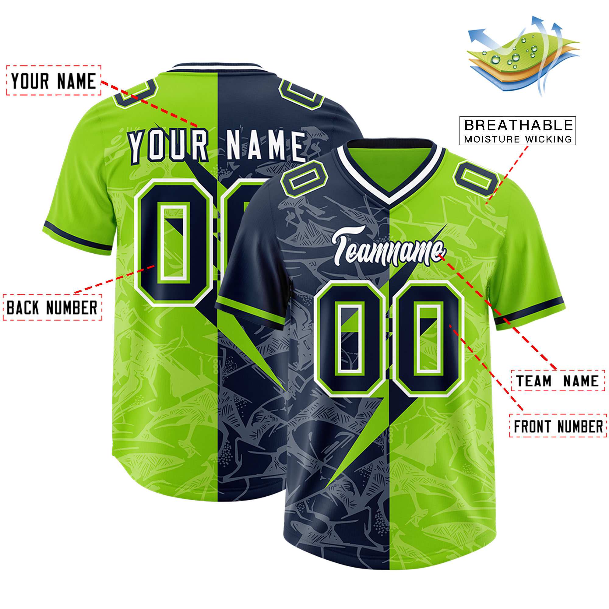 Custom Neon Green Navy Split Personalized Lightning Pattern Football Jersey