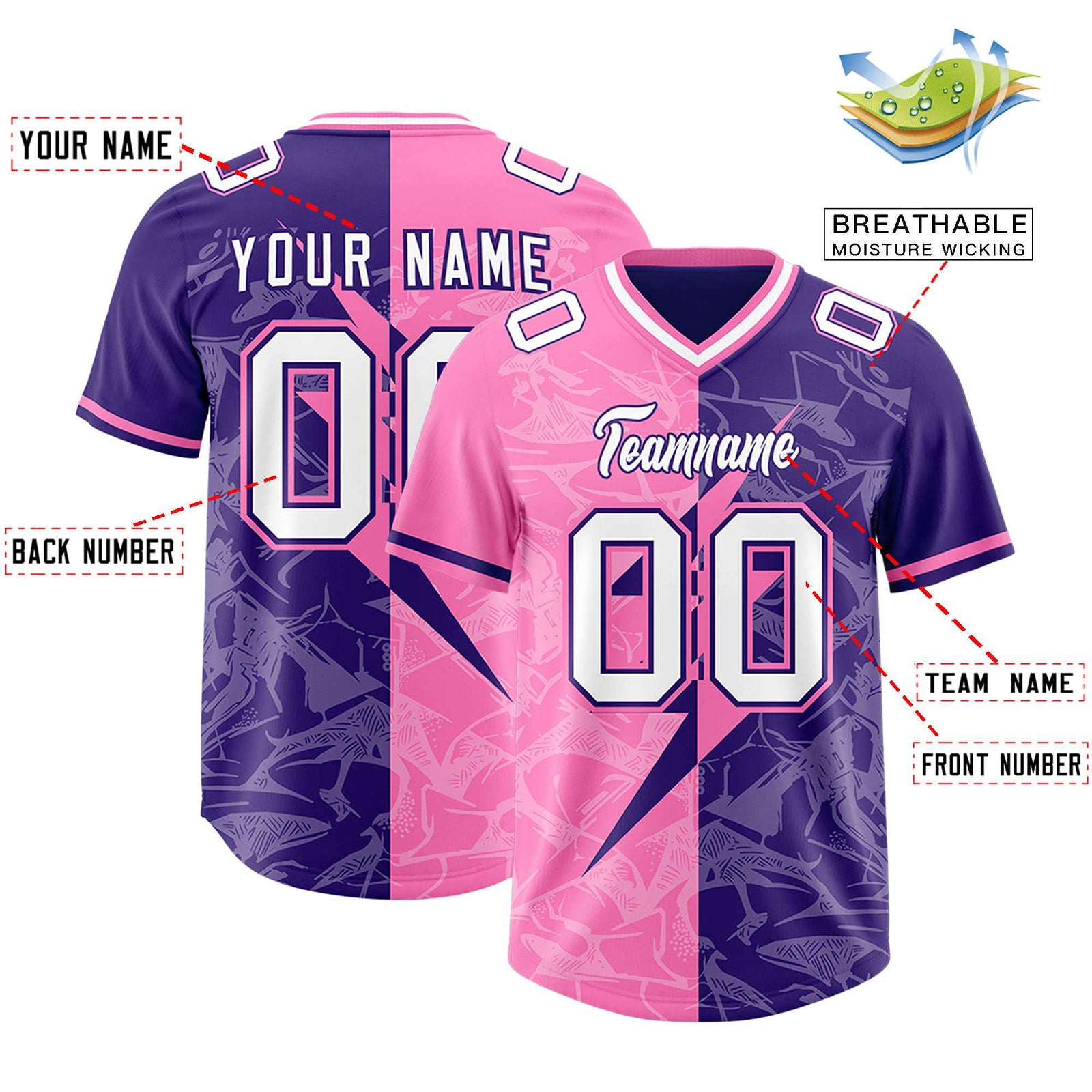 Custom Purple Pink Split Personalized Lightning Pattern Football Jersey