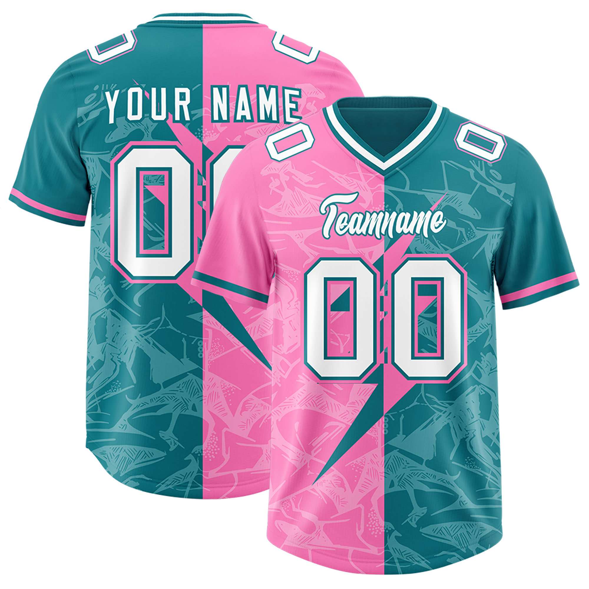 Custom Aqua Pink Split Personalized Lightning Pattern Football Jersey