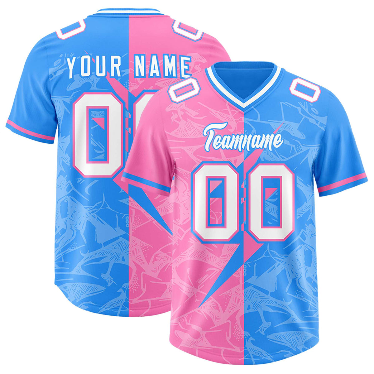 Custom Light Blue Pink Split Personalized Lightning Pattern Football Jersey