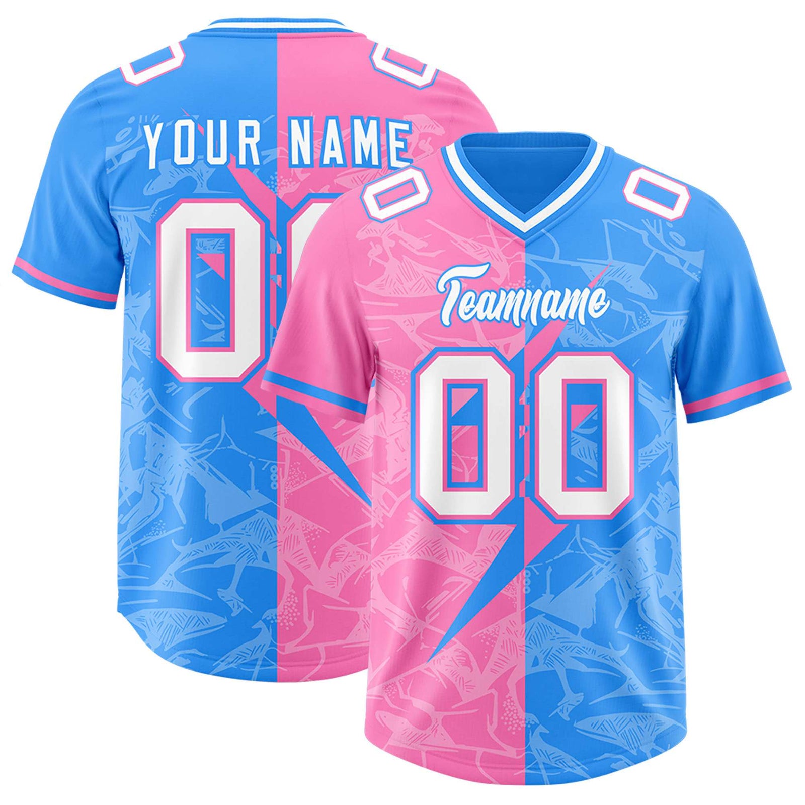 Custom Light Blue Pink Split Personalized Lightning Pattern Football Jersey