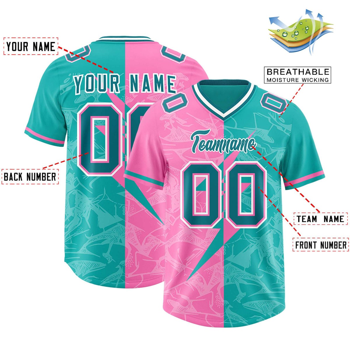 Custom Aqua Pink Split Personalized Lightning Pattern Football Jersey