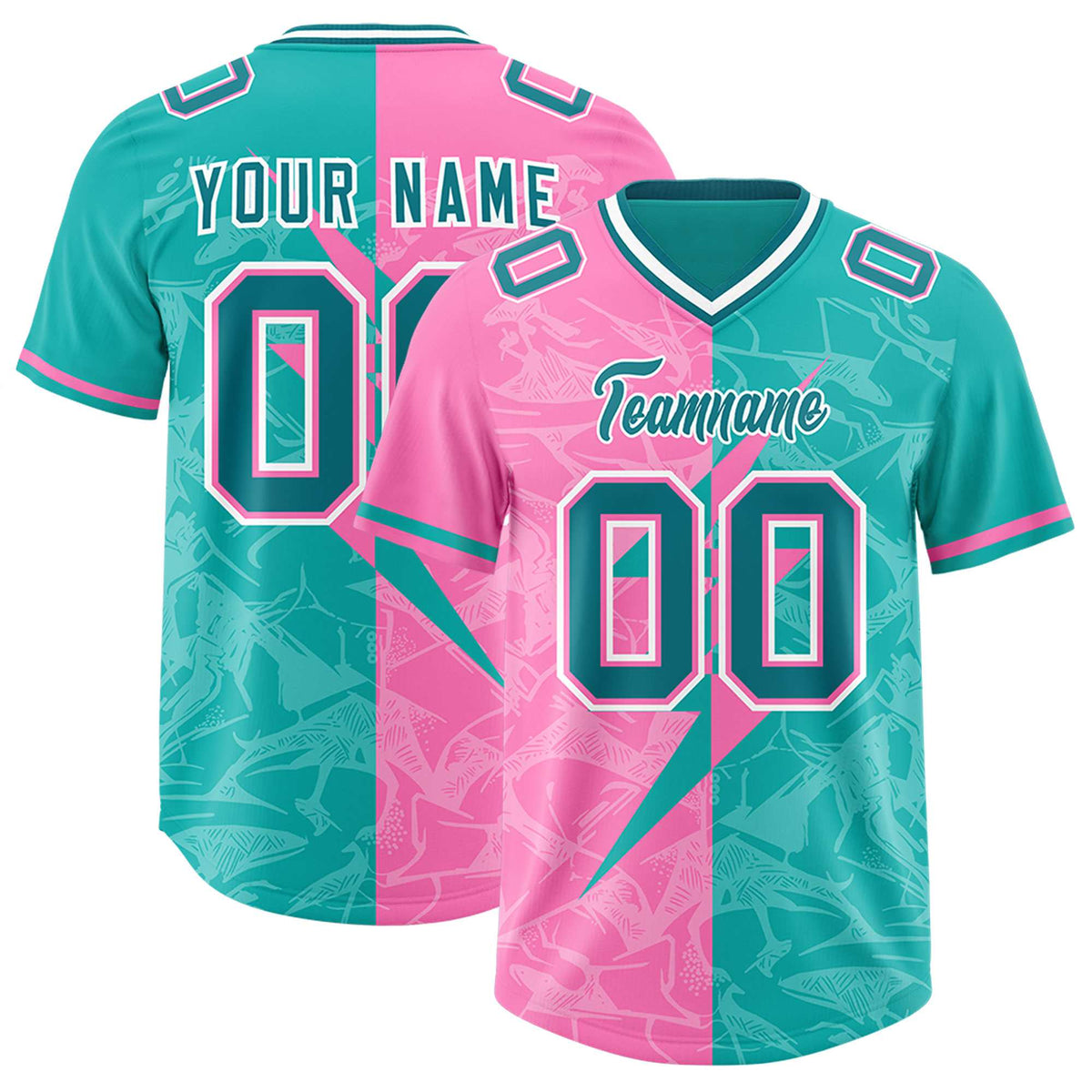 Custom Aqua Pink Split Personalized Lightning Pattern Football Jersey