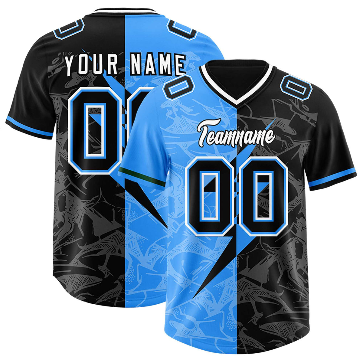 Custom Black Light Blue Split Personalized Lightning Pattern Football Jersey