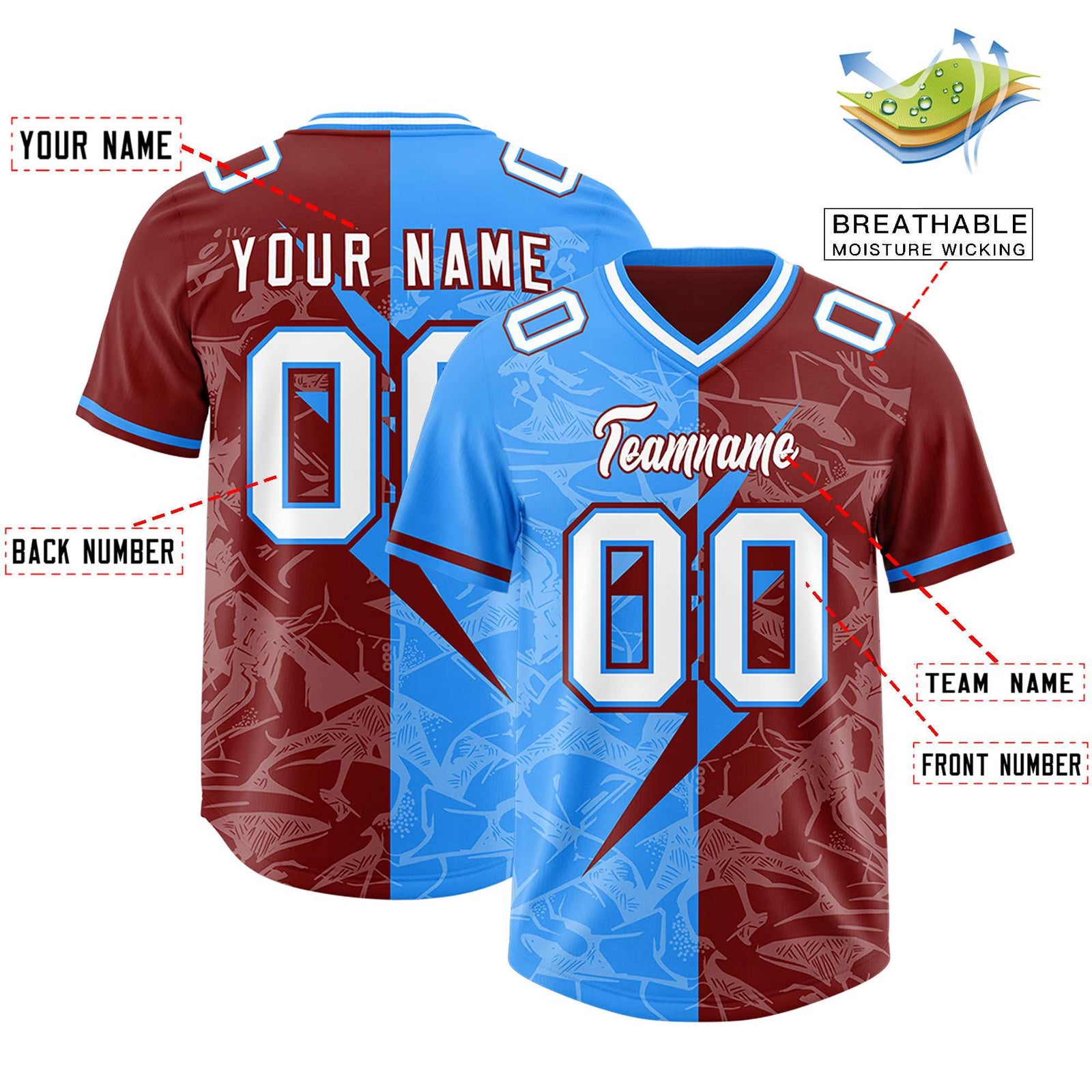 Custom Crimson Light Blue Split Personalized Lightning Pattern Football Jersey