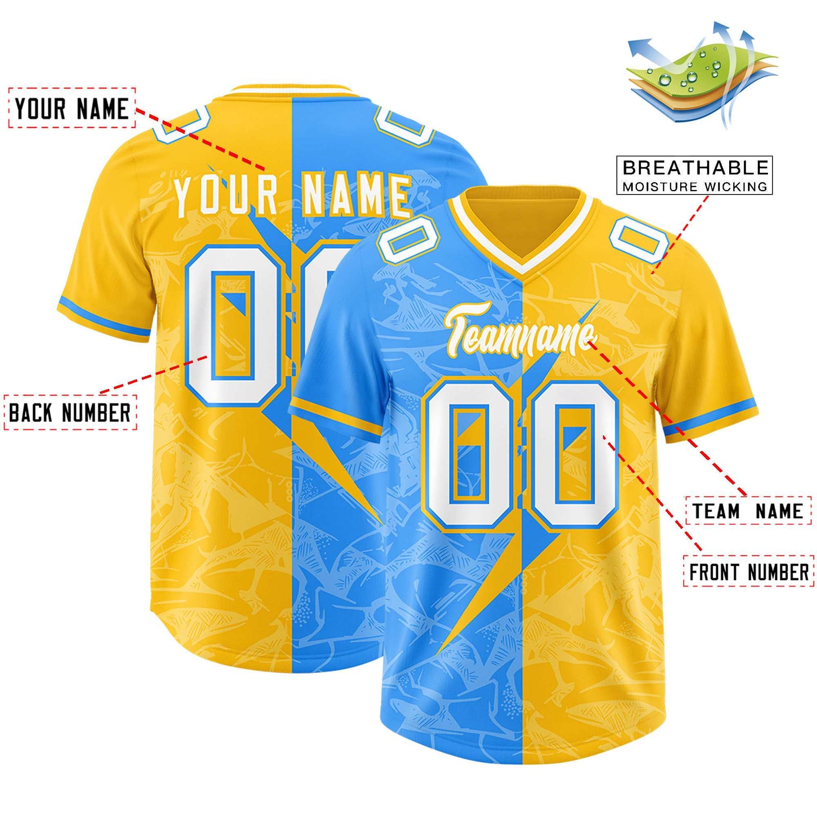 Custom Yellow Light Blue Split Personalized Lightning Pattern Football Jersey