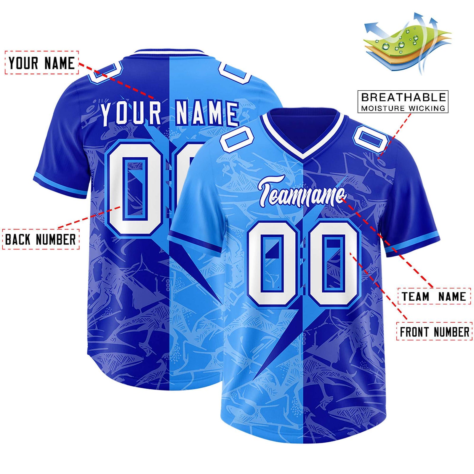 Custom Royal Light Blue Split Personalized Lightning Pattern Football Jersey