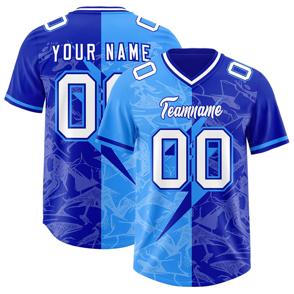 Custom Royal Light Blue Split Personalized Lightning Pattern Football Jersey