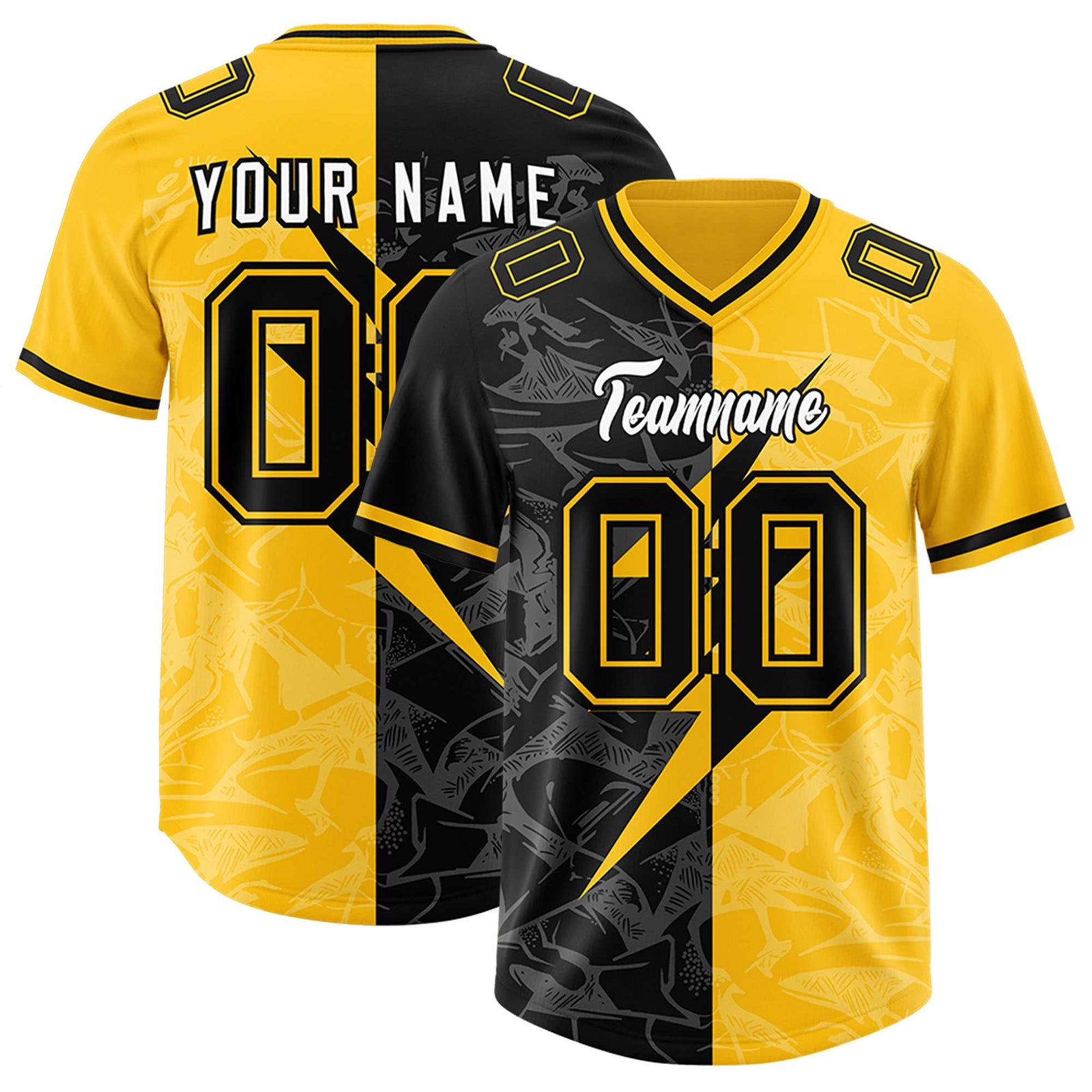 Custom Yellow Black Split Personalized Lightning Pattern Football Jersey