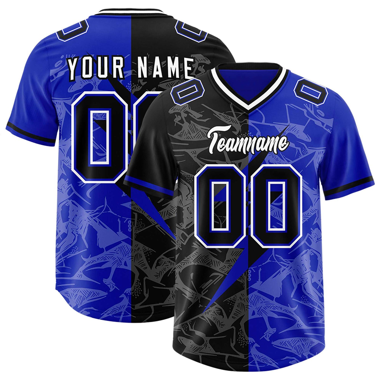 Custom Royal Black Split Personalized Lightning Pattern Football Jersey