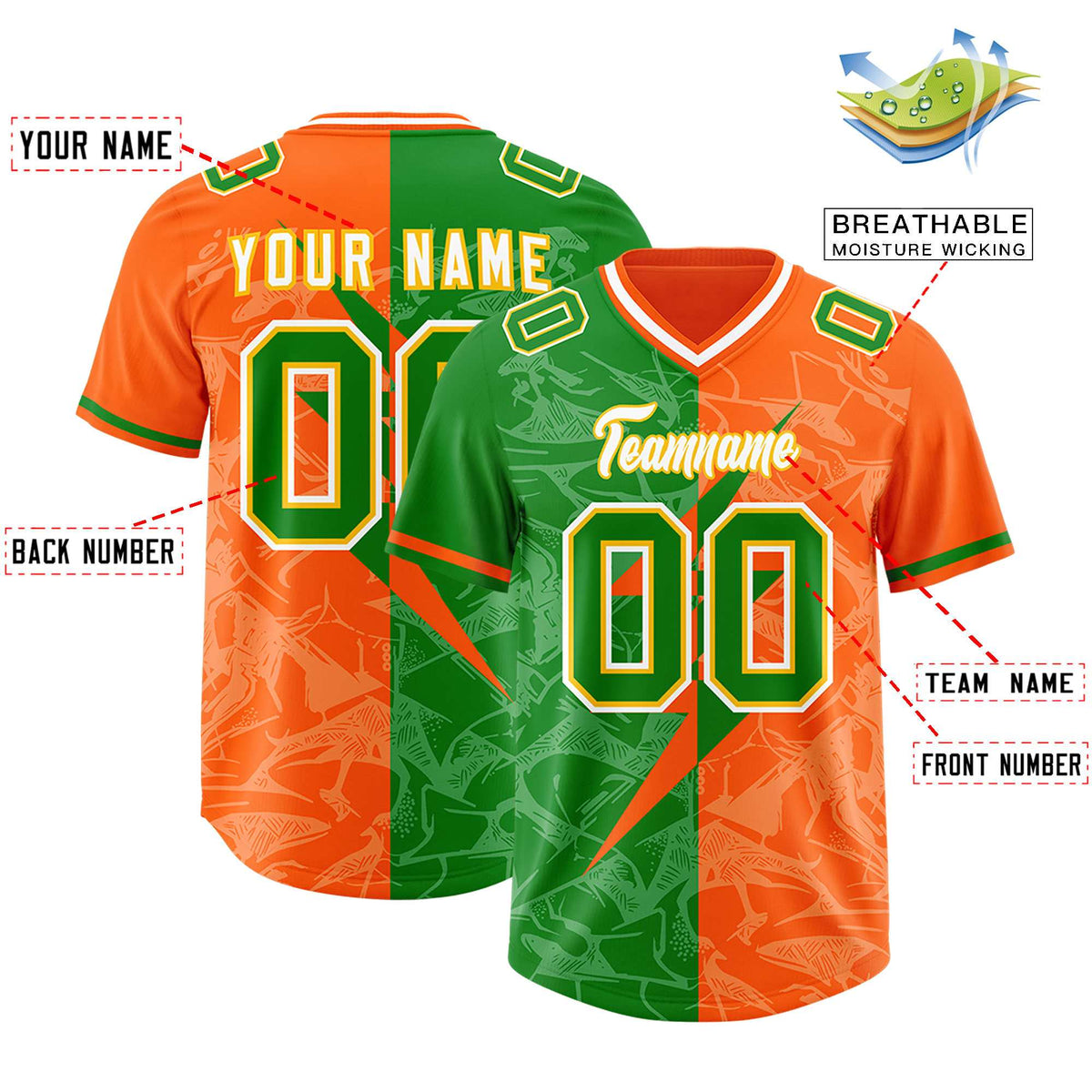 Custom Orange Kelly Green Split Personalized Lightning Pattern Football Jersey