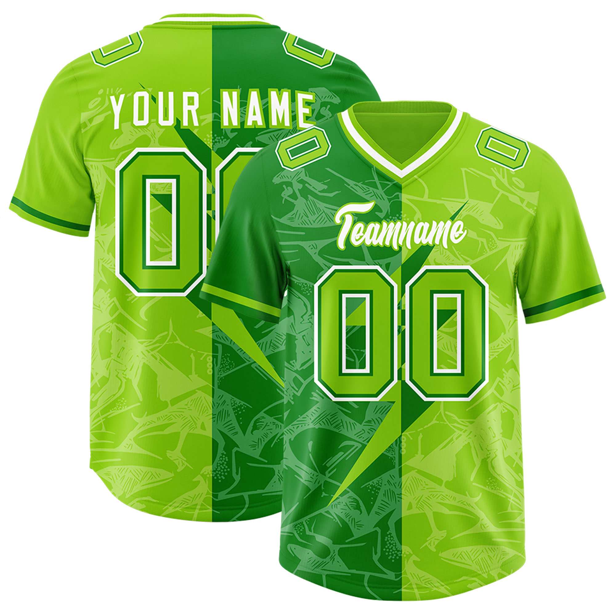 Custom Neon Green Kelly Green Split Personalized Lightning Pattern Football Jersey