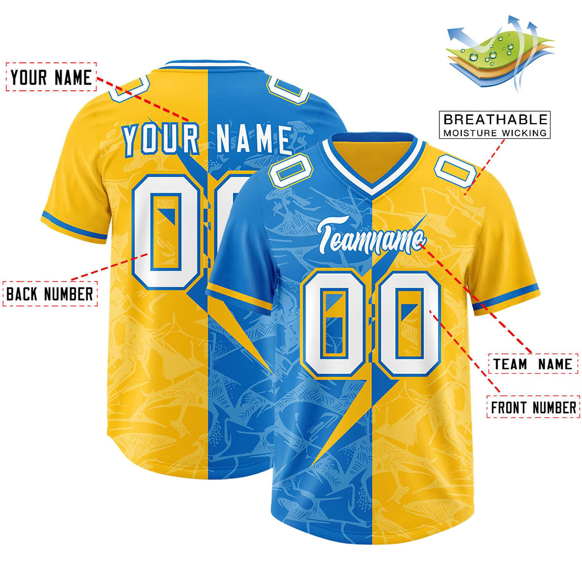 Custom Panther Blue Gold Split Personalized Lightning Pattern Football Jersey