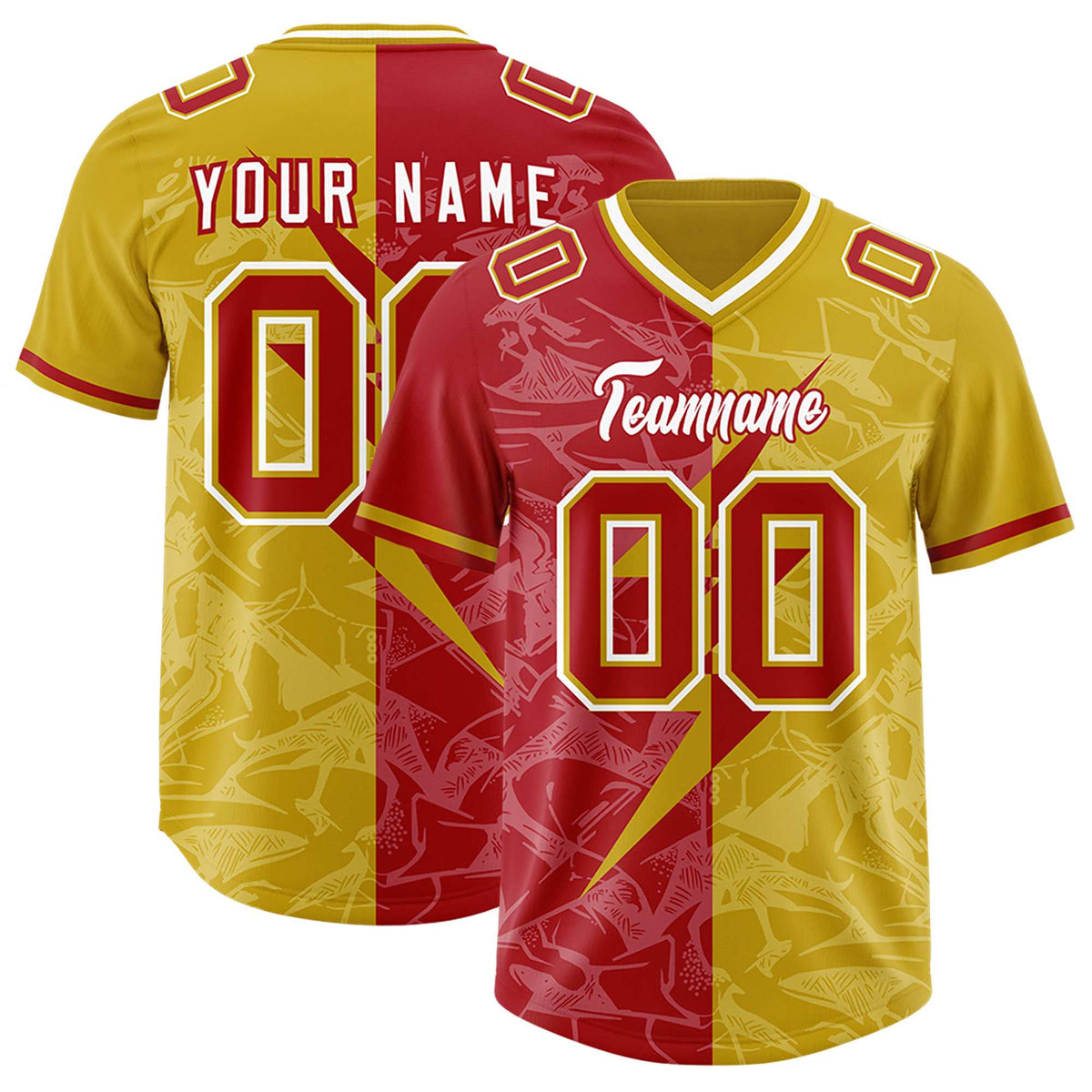 Custom Old Gold Red Split Personalized Lightning Pattern Football Jersey