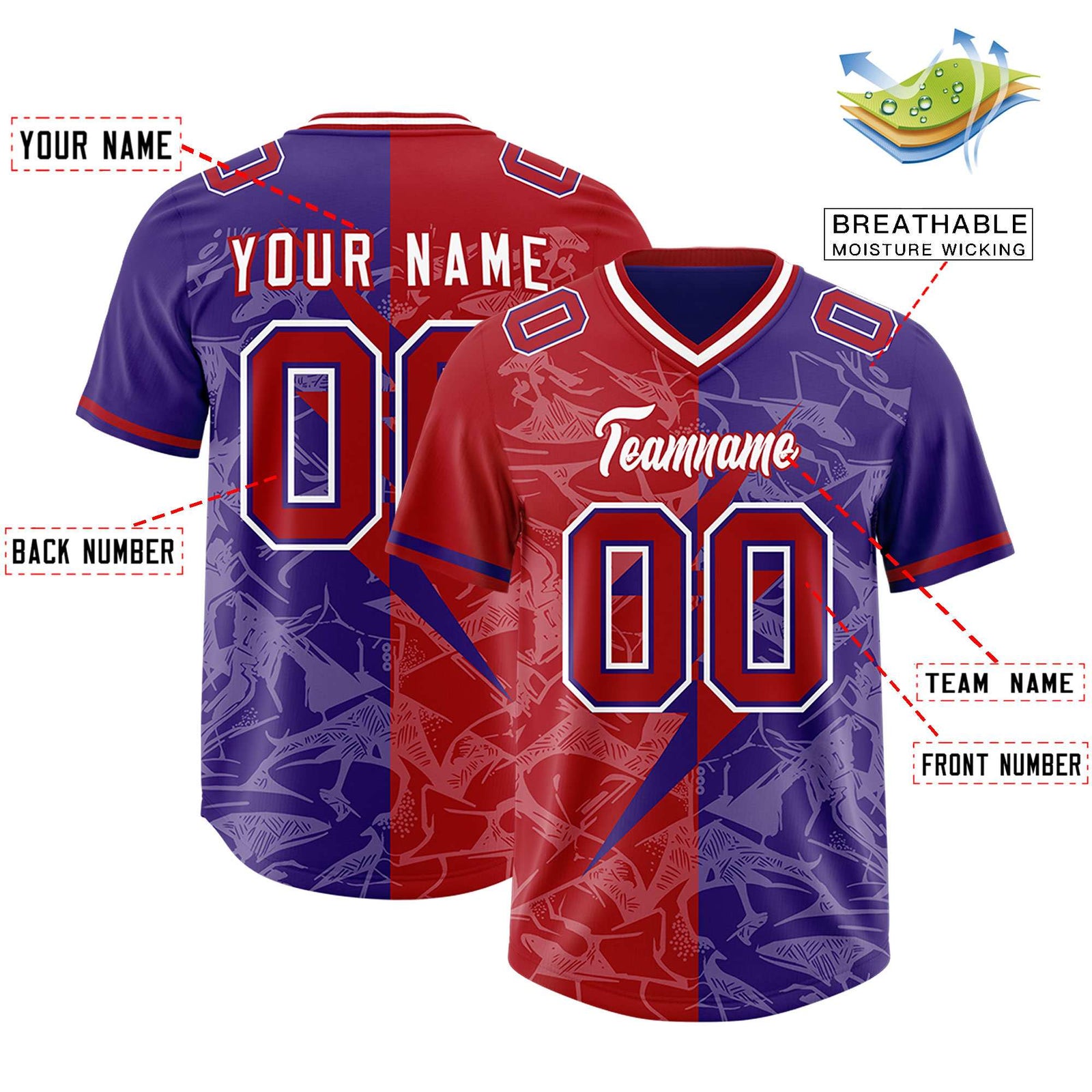 Custom Red Purple Split Personalized Lightning Pattern Football Jersey