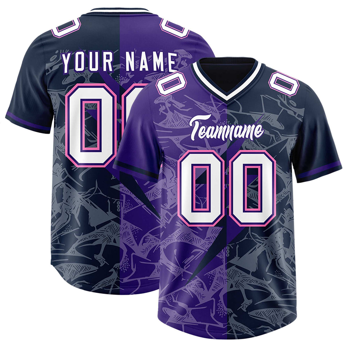 Custom Navy Purple Split Personalized Lightning Pattern Football Jersey