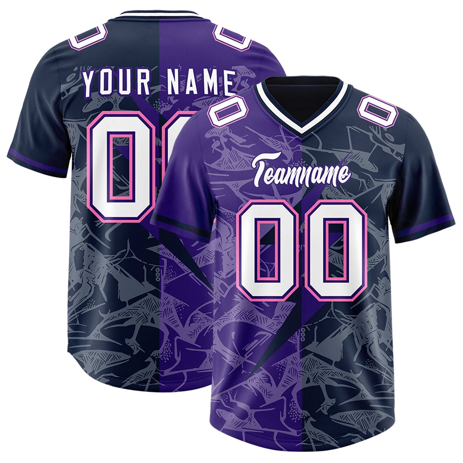 Custom Navy Purple Split Personalized Lightning Pattern Football Jersey