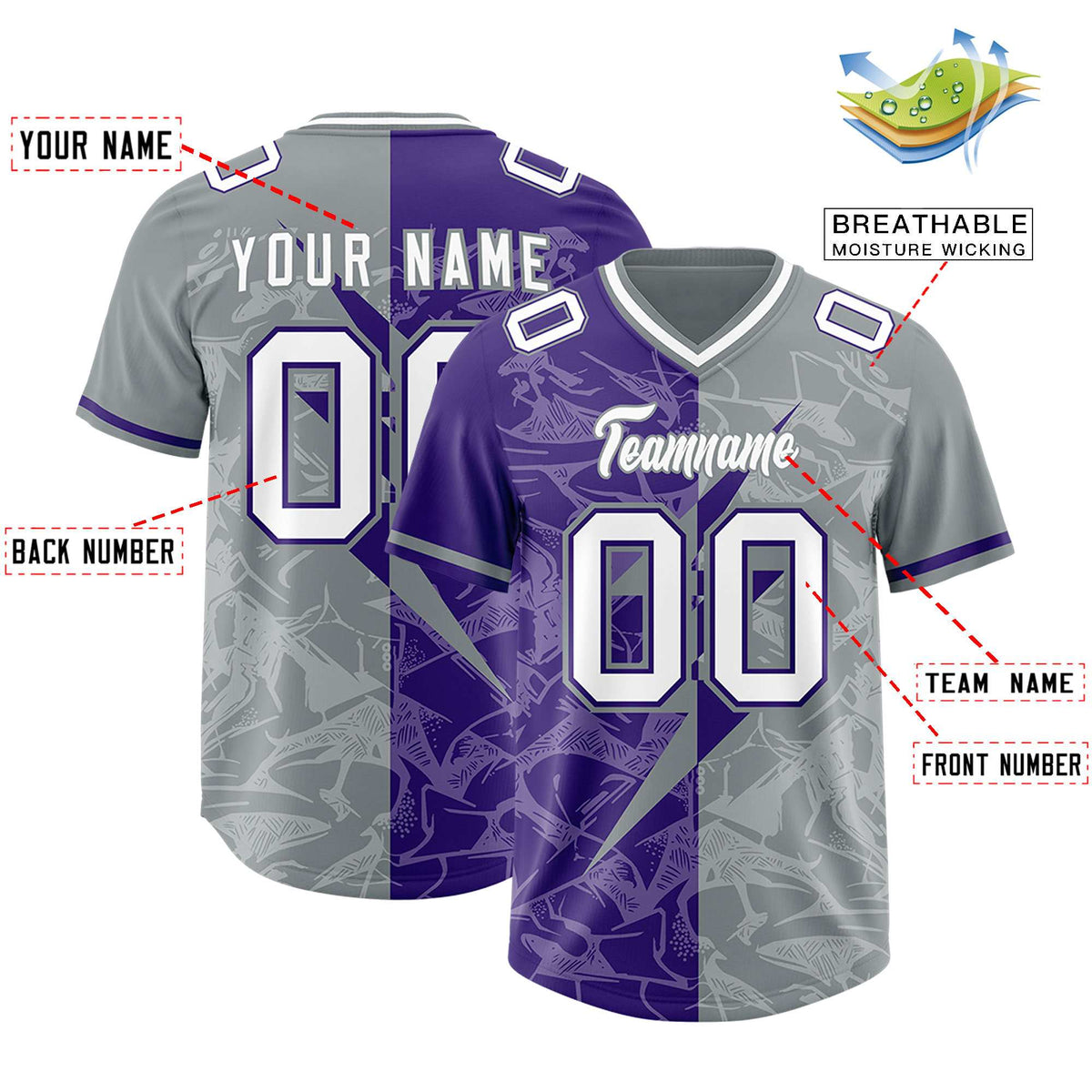 Custom Purple Gray Split Personalized Lightning Pattern Football Jersey