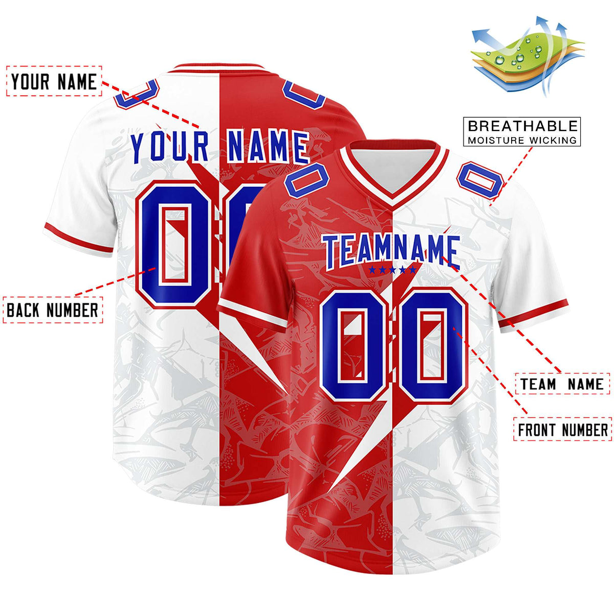 Custom White Red Split Personalized Lightning Pattern Football Jersey