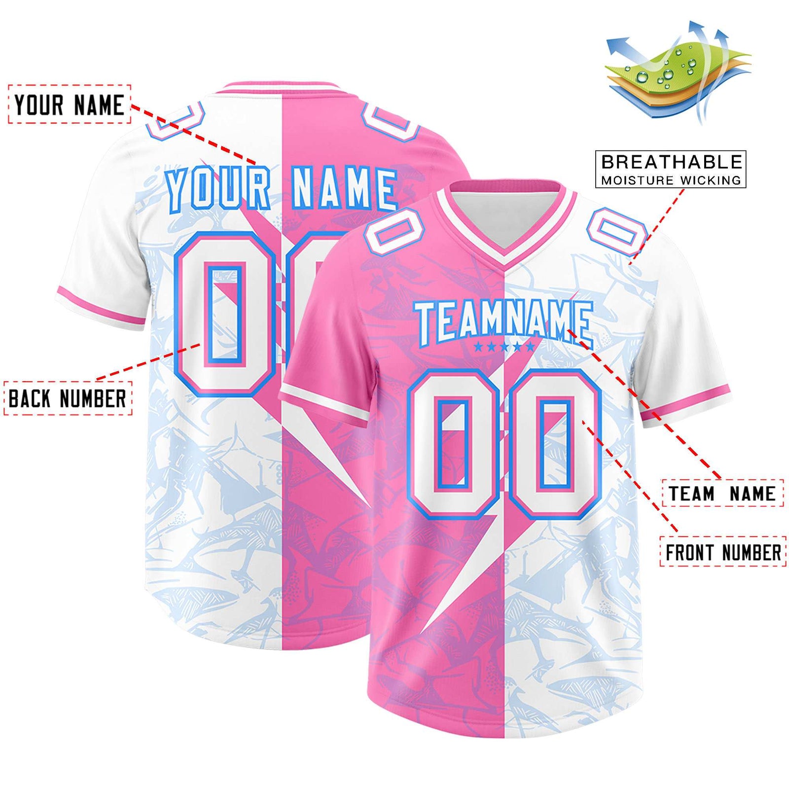 Custom White Pink Split Personalized Lightning Pattern Football Jersey