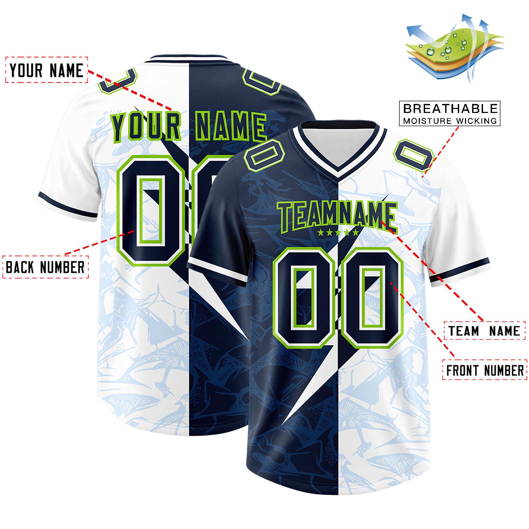 Custom White Navy Split Personalized Lightning Pattern Football Jersey
