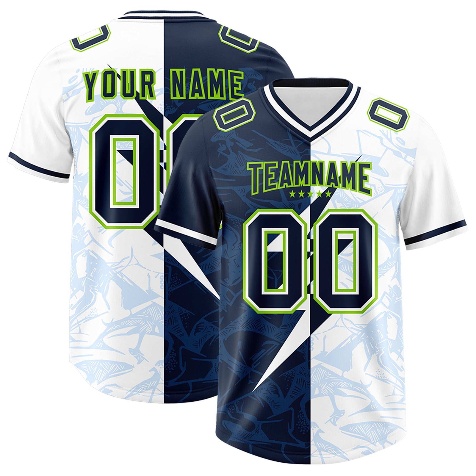 Custom White Navy Split Personalized Lightning Pattern Football Jersey